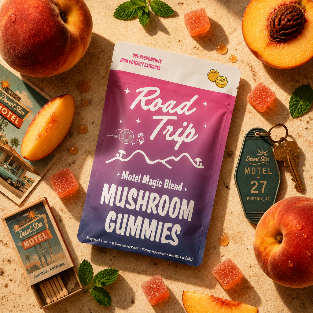 Motel Magic Juicy Peach mushroom gummies pouch, back