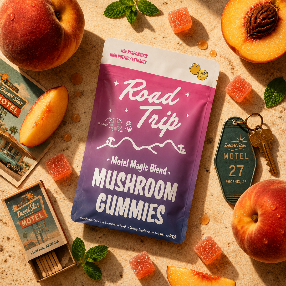 Motel Magic Juicy Peach mushroom gummies pouch, back