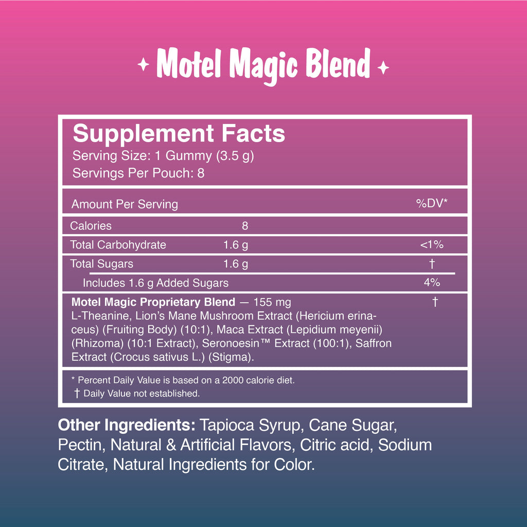 Motel Magic mushroom gummies supplement facts and ingredients panel
