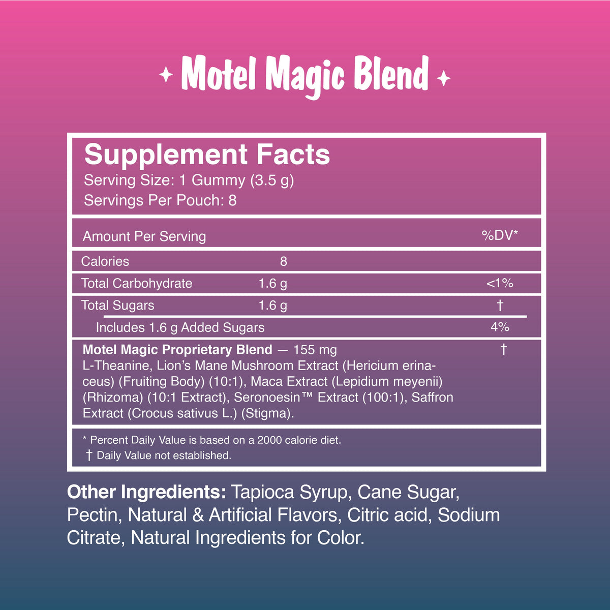 Motel Magic mushroom gummies supplement facts and ingredients panel
