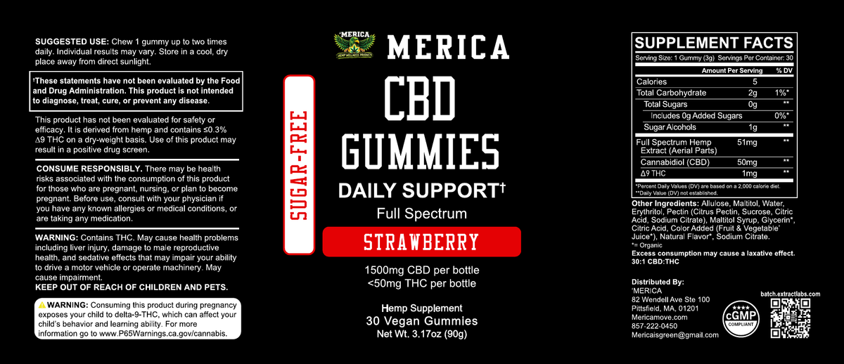 'MERICA Wellness CBD Gummies — Daily Support, Strawberry (Sugar-Free) product label
