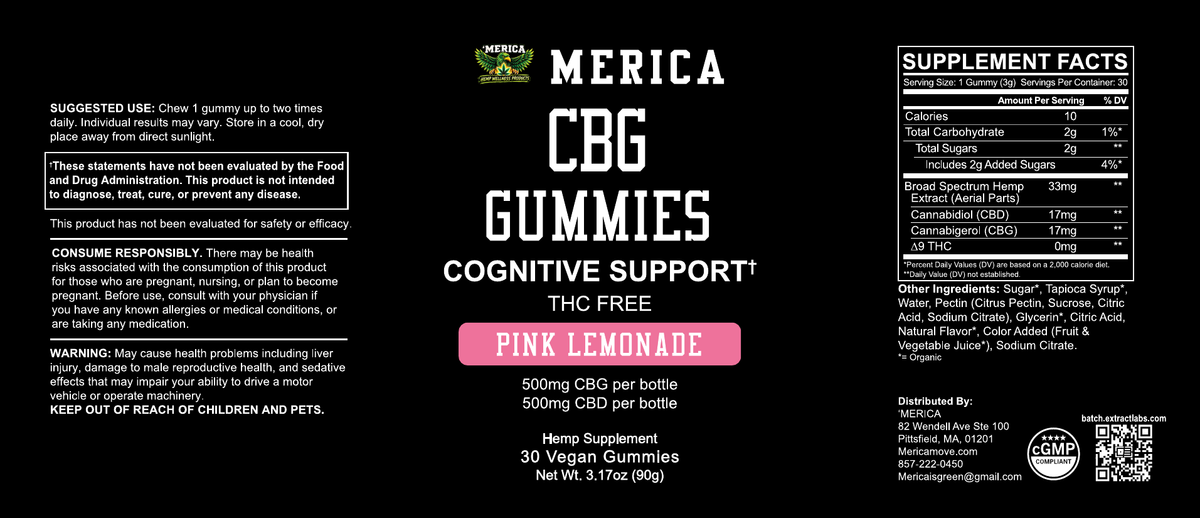 'MERICA Wellness CBG Gummies — Cognitive Support, Pink Lemonade product label