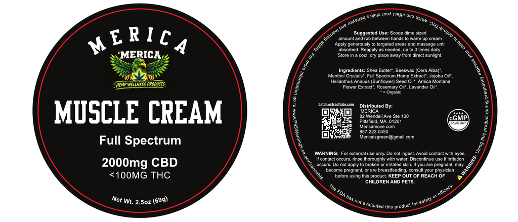 'MERICA Wellness CBD Muscle Cream — Full Spectrum product label